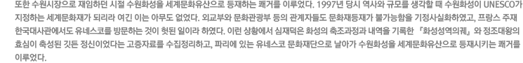 ���� ������������ �����ϴ� ���� ����ȭ���� ���蹮ȭ�������� �����ϴ� ��Ÿ� �̷����. 1997�� ��� ����� �Ը� ������ �� ����ȭ���� UNESCO�� �����ϴ� ���蹮ȭ�簡 �Ǹ��� ���� �̴� �ƹ��� ������. �ܱ��ο� ��ȭ������ ���� �����ڵ鵵 ��ȭ����簡 �Ұ������� �������ȭ�Ͽ���, ������ ���� �ѱ����������� ���׽��ڸ� �湮�ϴ� ���� ��� ���̶� �Ͽ���. �̷� ��Ȳ���� ������� ȭ���� ���������� ������ ����� ��ȭ�������Ǳˡ��� ��������� ȿ���� �༺�� ��� �����̾��ٴ� �����ڷḦ ���������ϰ�, �ĸ��� �ִ� ���׽��� ��ȭ������� ���ư� ����ȭ���� ���蹮ȭ�������� �����Ű�� ��Ÿ� �̷����.